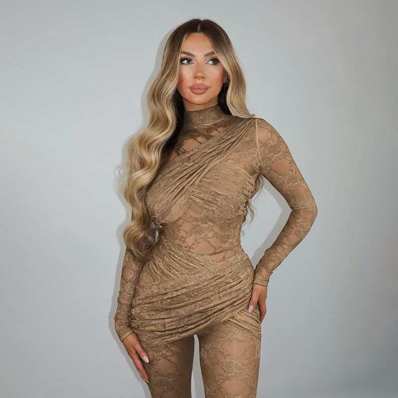 DZHT D25JP529 splicing see-through lace long sleeve tight one-piece trousers