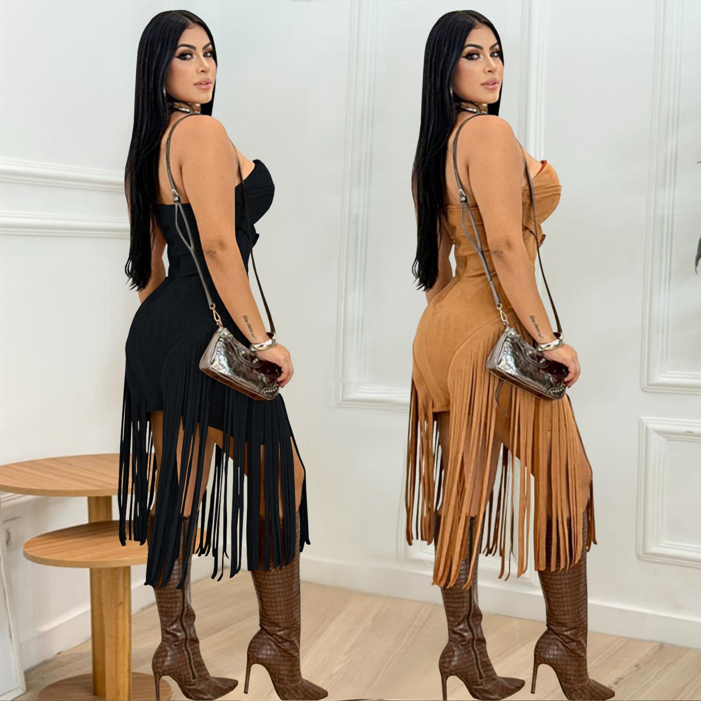 XYZ C7426 sleeveless tube top backless tassel dress
