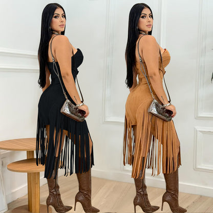 XYZ C7426 sleeveless tube top backless tassel dress