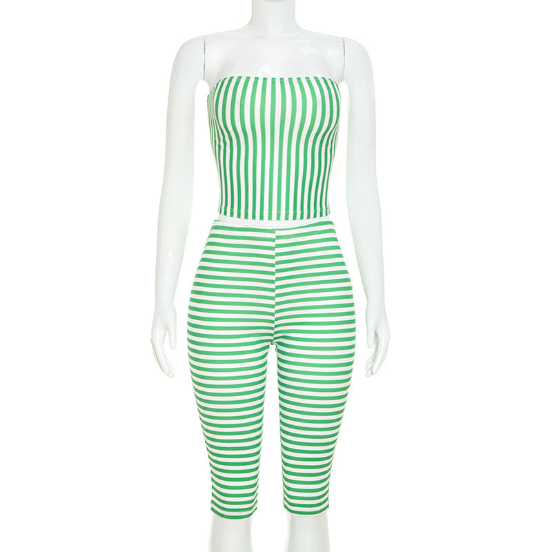 DZHT J26ST301 contrast color striped bandeau slim-fit striped cropped pants suit
