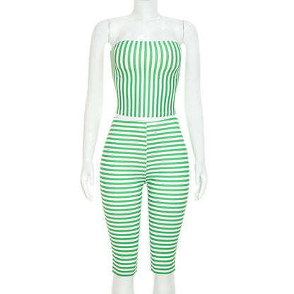 DZHT J26ST301 contrast color striped bandeau slim-fit striped cropped pants suit