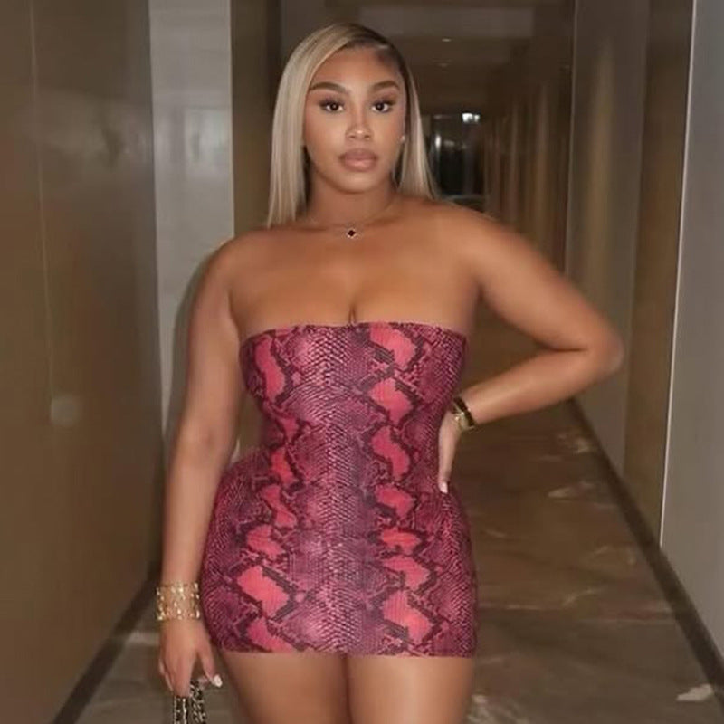 DZHT J26DS172 snake print tube top tight dress short skirt