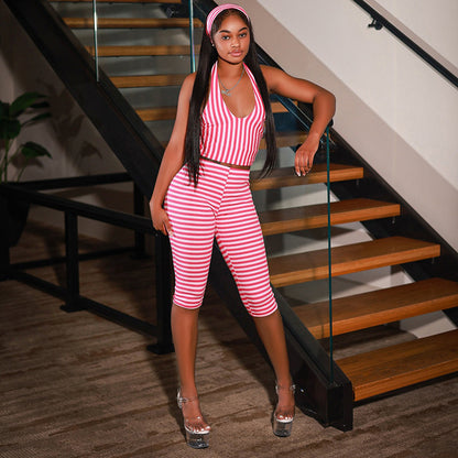 DZHT C26ST206 cool vintage stripe halter top slim shorts Fashion suit