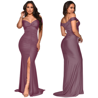 MYF (S-2XL) 10062 spring/summer V-neck off-shoulder hip-wrapped dress fold split long dress