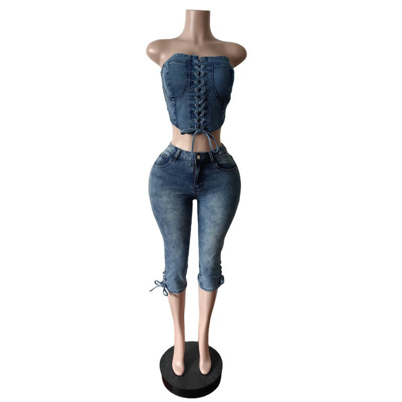 MZ (S-2XL) tube top lace-up cropped pants MZ88639 stretch lace-up denim suit
