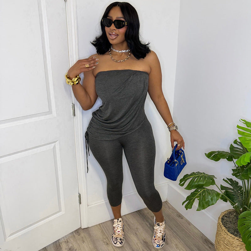 DZHT D26JP142 slim-fit sleeveless fake two-piece tube top drawstring cropped jumpsuit