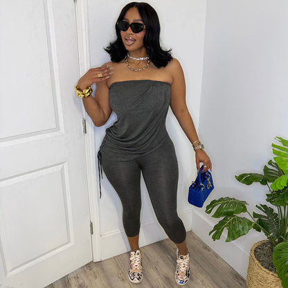 DZHT D26JP142 slim-fit sleeveless fake two-piece tube top drawstring cropped jumpsuit