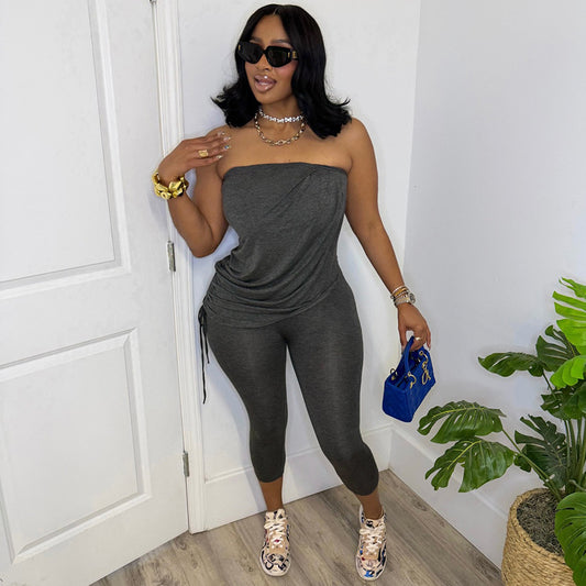 DZHT D26JP142 slim-fit sleeveless fake two-piece tube top drawstring cropped jumpsuit