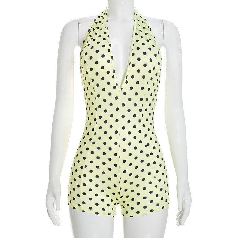 DZHT Q26RP090 polka dot printing halter lace-up deep V-neck casual short jumpsuit