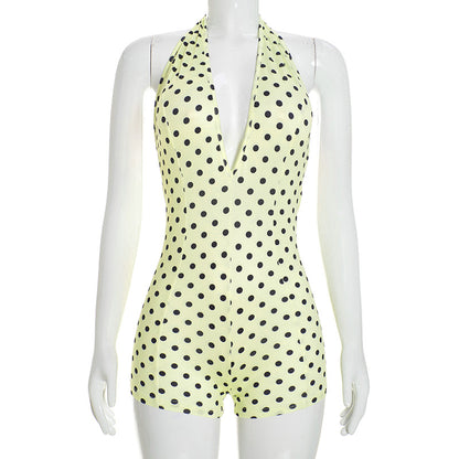 DZHT Q26RP090 polka dot printing halter lace-up deep V-neck casual short jumpsuit