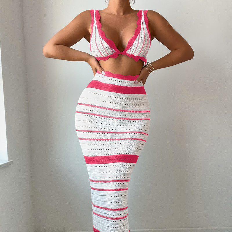 CYB striped textured beach bikini long skirt suit