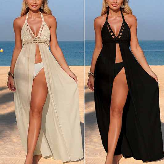 CYB hand crocheting patchwork blouse V-neck see-through split backless halter beach dress