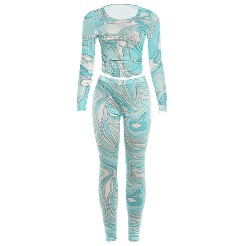 DLS long sleeve mesh sheer top slim-fit figure flattering pants suit