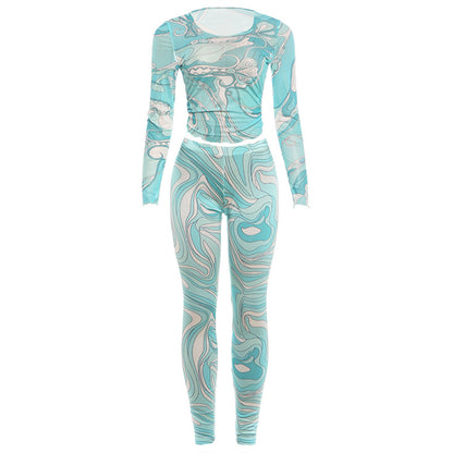 DLS long sleeve mesh sheer top slim-fit figure flattering pants suit