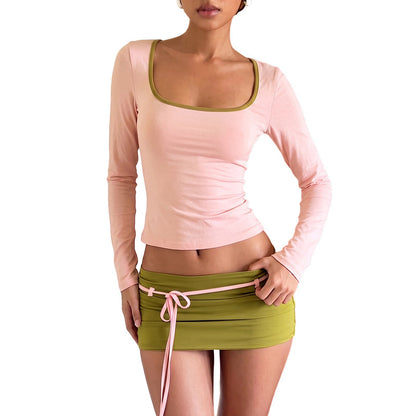 SXR K6S14175A long sleeve top drawstring sheath skirt outfit