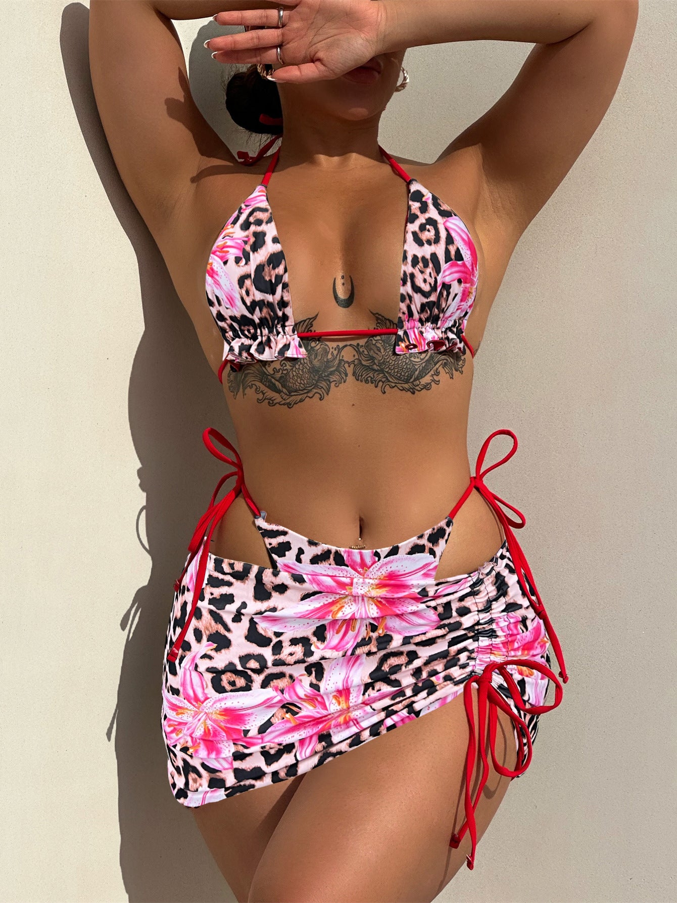 Three Piece swimsuit printed bikini double-sided wear bikini6594