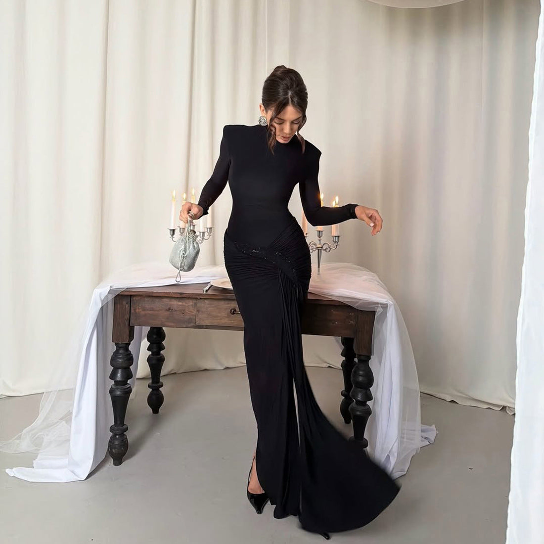 SXR spring solid color elegant graceful turtleneck waist-tight split long sleeve dress