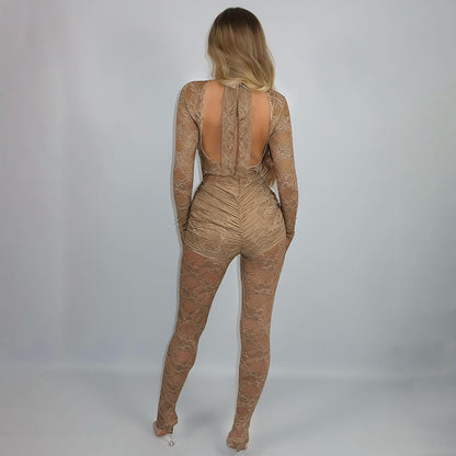 DZHT D25JP529 splicing see-through lace long sleeve tight one-piece trousers