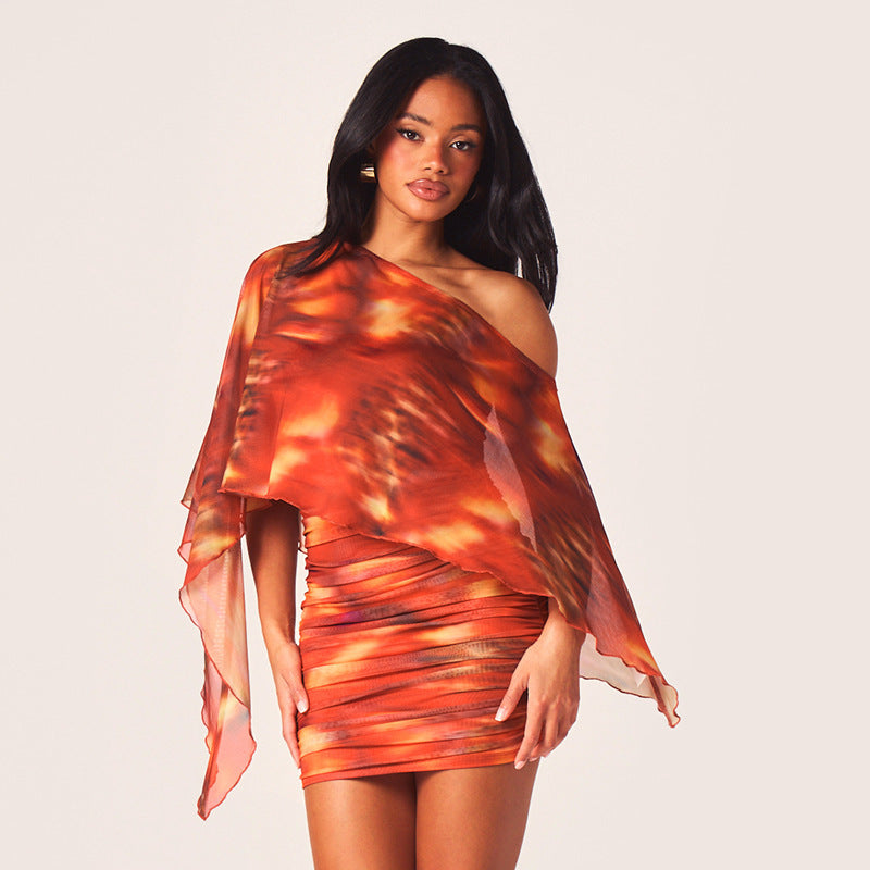 DZHT Q26DS032 fashionable printed asymmetric one-shoulder pleating sheath dress