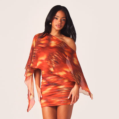 DZHT Q26DS032 fashionable printed asymmetric one-shoulder pleating sheath dress