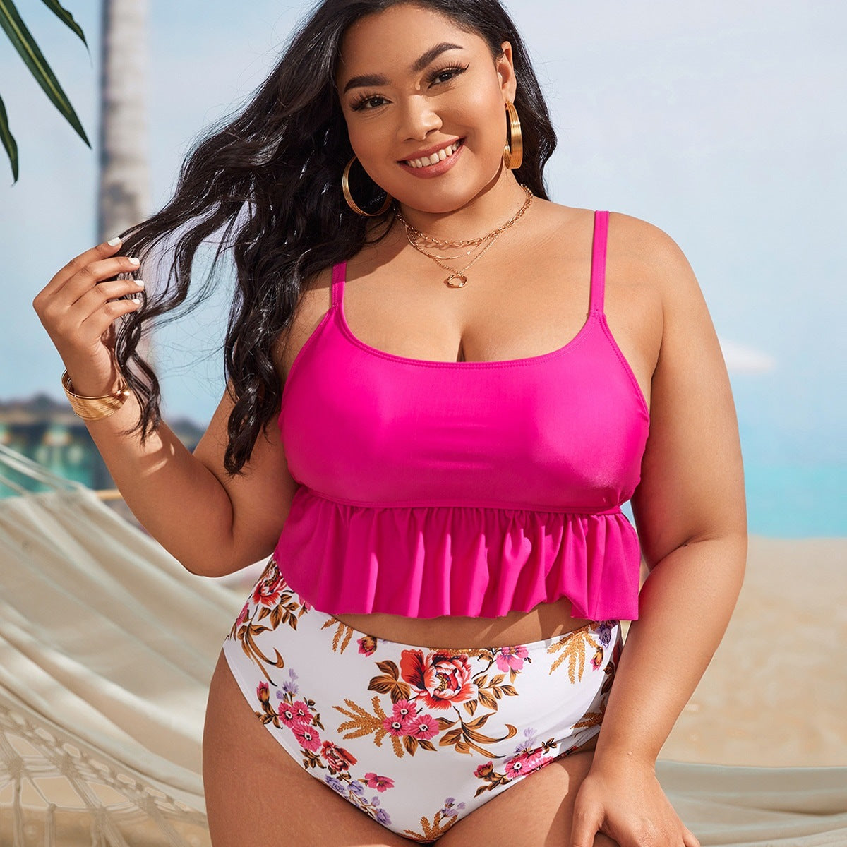 LF (L-4XL) women's split color printing swimsuit plus size
