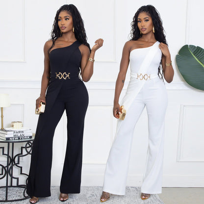 XYZ C7505 summer elegance decorative buckle oblique shoulder jumpsuit