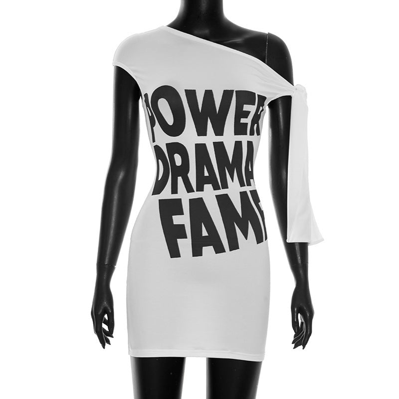 DZHT J26DS180 slim-fit off-shoulder letter print mini dress