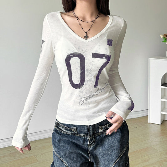 SXR autumn see-through V-neck printed long-sleeved T-shirt top
