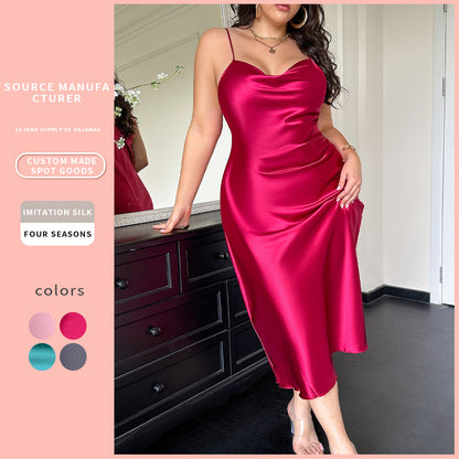 DNL plus size nightgown solid color nightgown ice silk sling nightgown