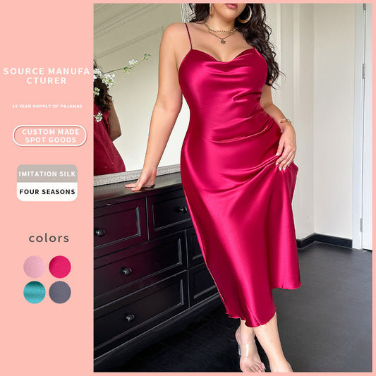 DNL plus size nightgown solid color nightgown ice silk sling nightgown