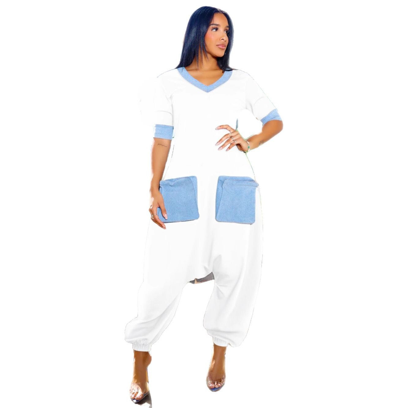 GY (S-3XL) K3600 V-Neck Denim stitching contrast color loose jumpsuit