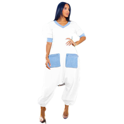 GY (S-3XL) K3600 V-Neck Denim stitching contrast color loose jumpsuit