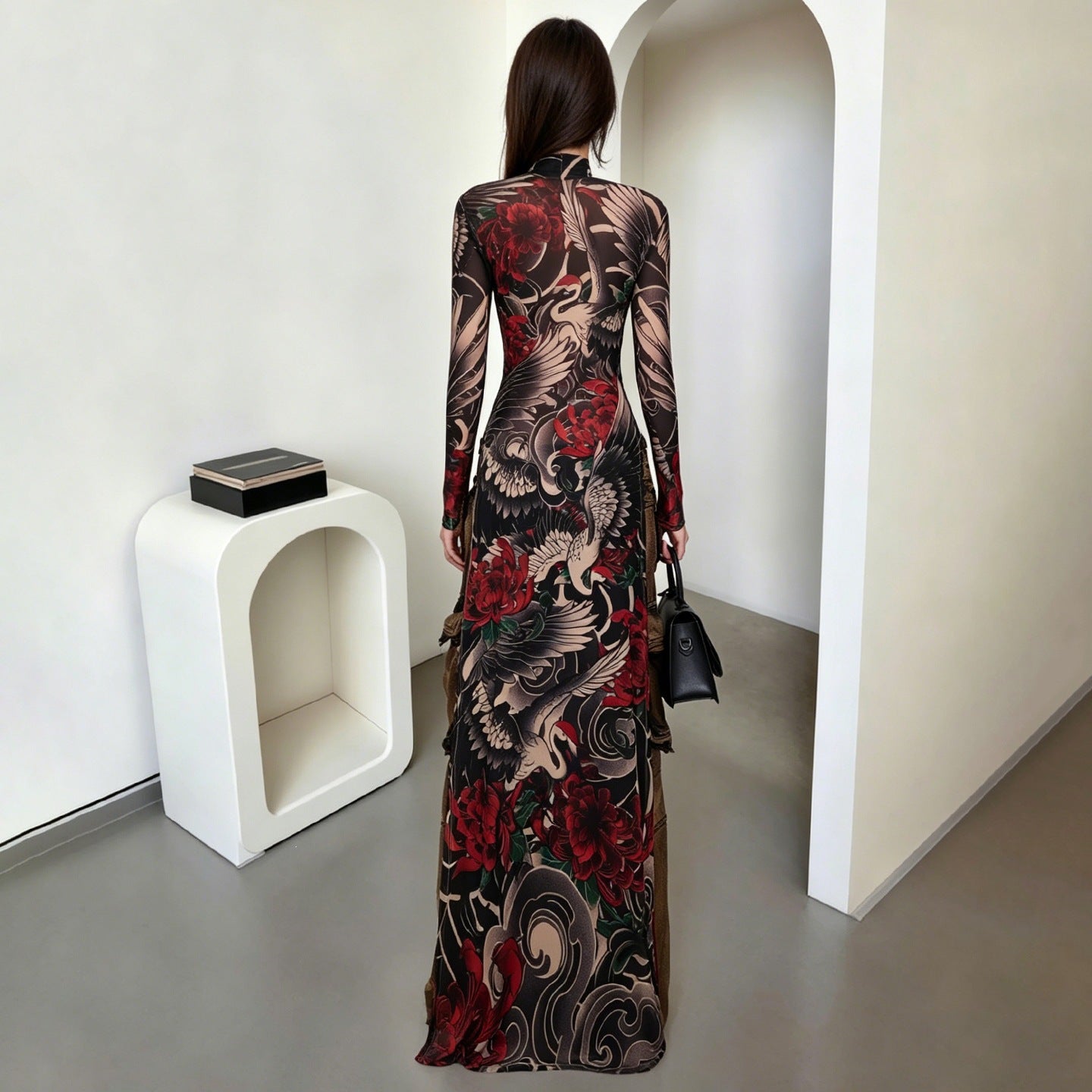 DLS half-high collar long sleeves animal pattern high slit long shirt