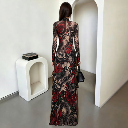 DLS half-high collar long sleeves animal pattern high slit long shirt