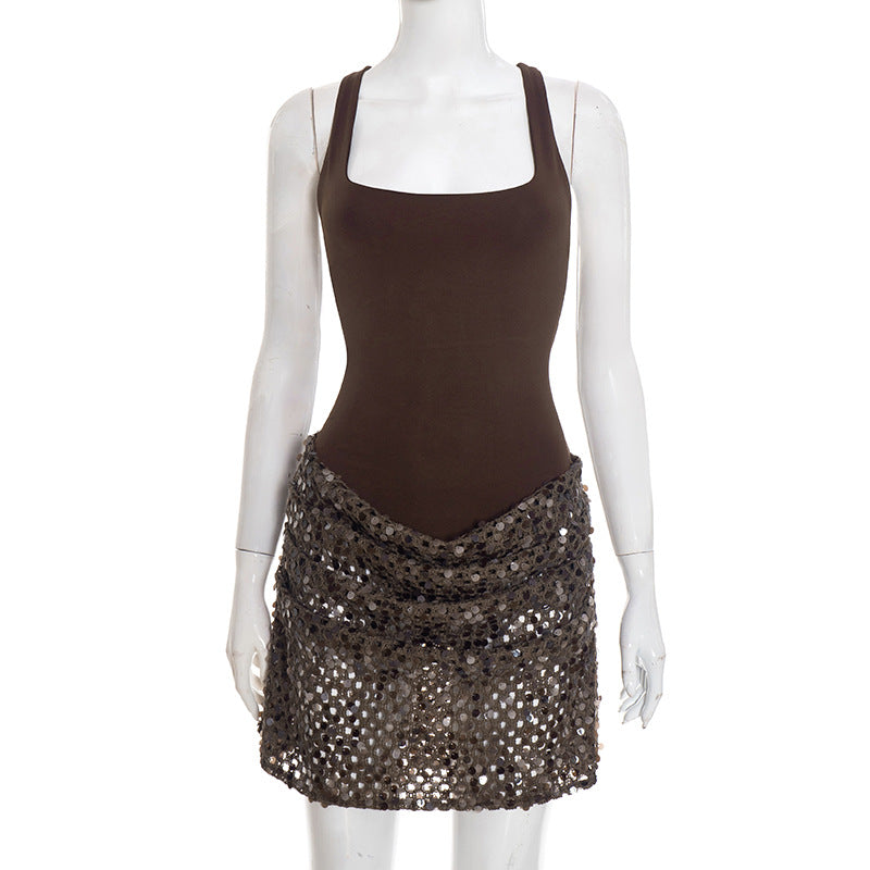 DZHT D25DS562 hip-wrapped short fake two pieces vest stitching sequins dress
