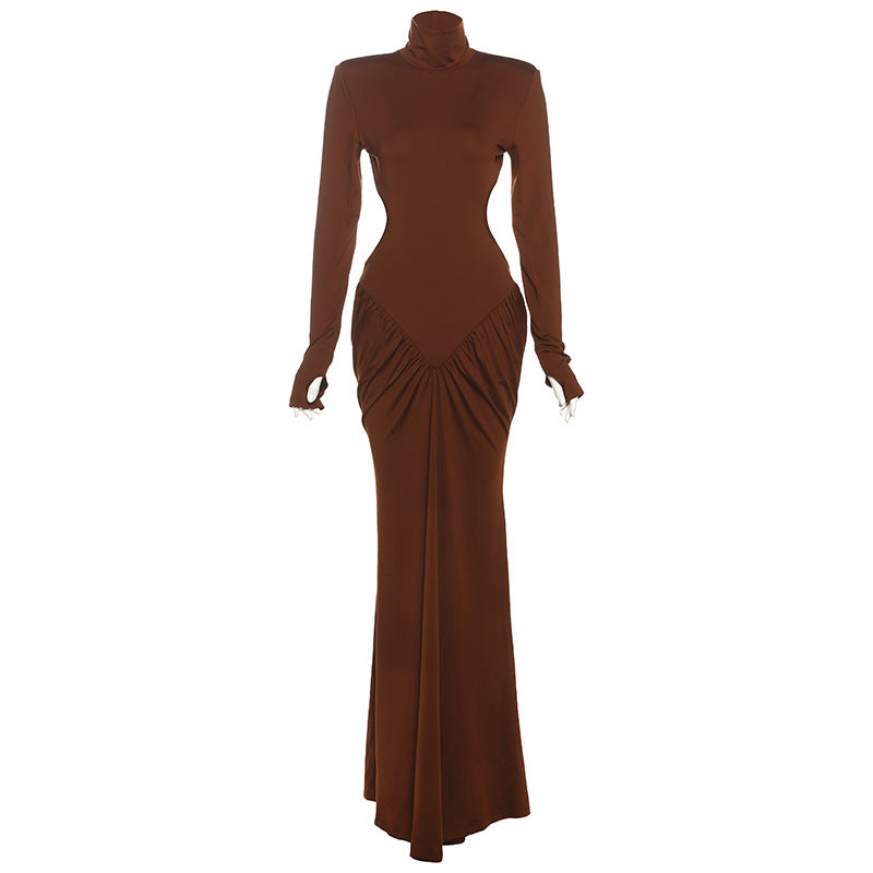 SXR summer turtleneck backless solid color long dress