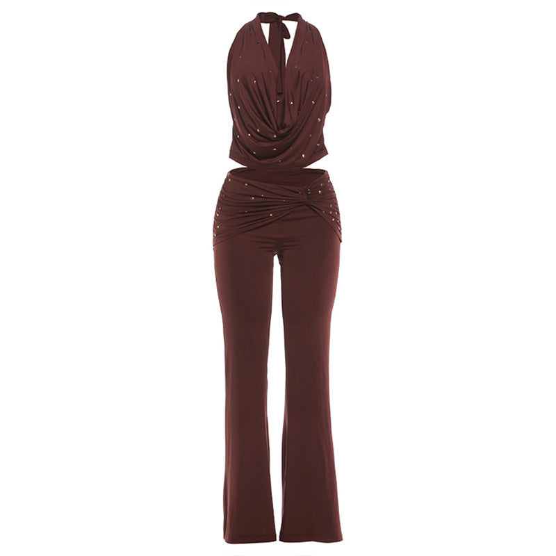 SXR K6S04882A sexy navel halter top slim-fit sheath bootcut pants suit