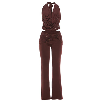 SXR K6S04882A sexy navel halter top slim-fit sheath bootcut pants suit