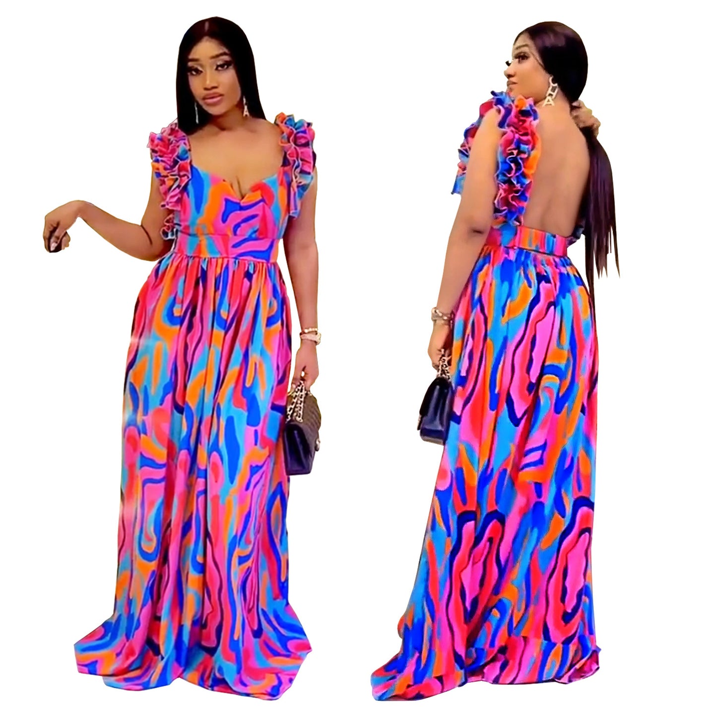 XYZ C7512 elegant ruffled shoulder strap printed dress