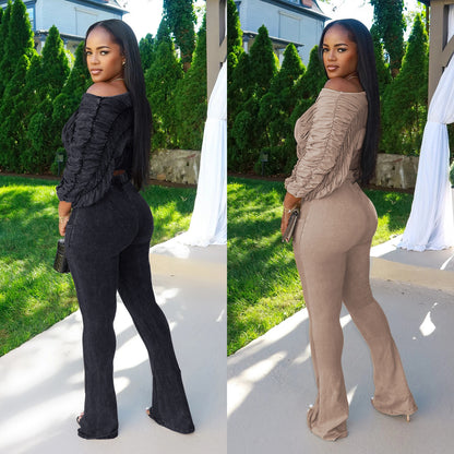 XYZ C7568 casual shoulder long sleeve top and trousers two-piece set