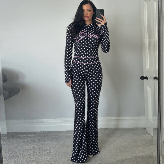 SXR autumn and winter polka dot letter print navel hooded jacket trousers suit