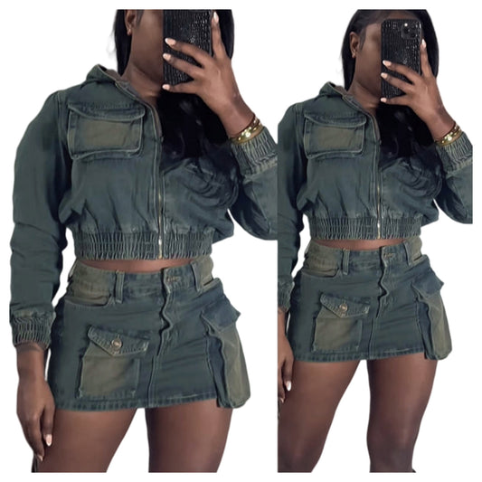 MZ (S-2XL) MZ88594 stretch denim hooded suit skirt suit