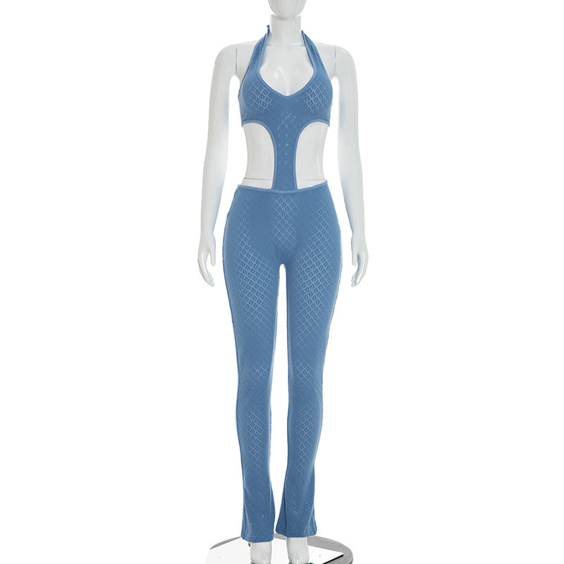 DZHT J26JP067 see-through slim-fit slimming knitted deep V jumpsuit