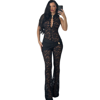 SXR autumn and winter lace stitching sleeveless high waist micro-pull jumpsuit