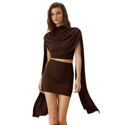 DZHT C25ST414 swing collar design shawl pleated top and skirt suit