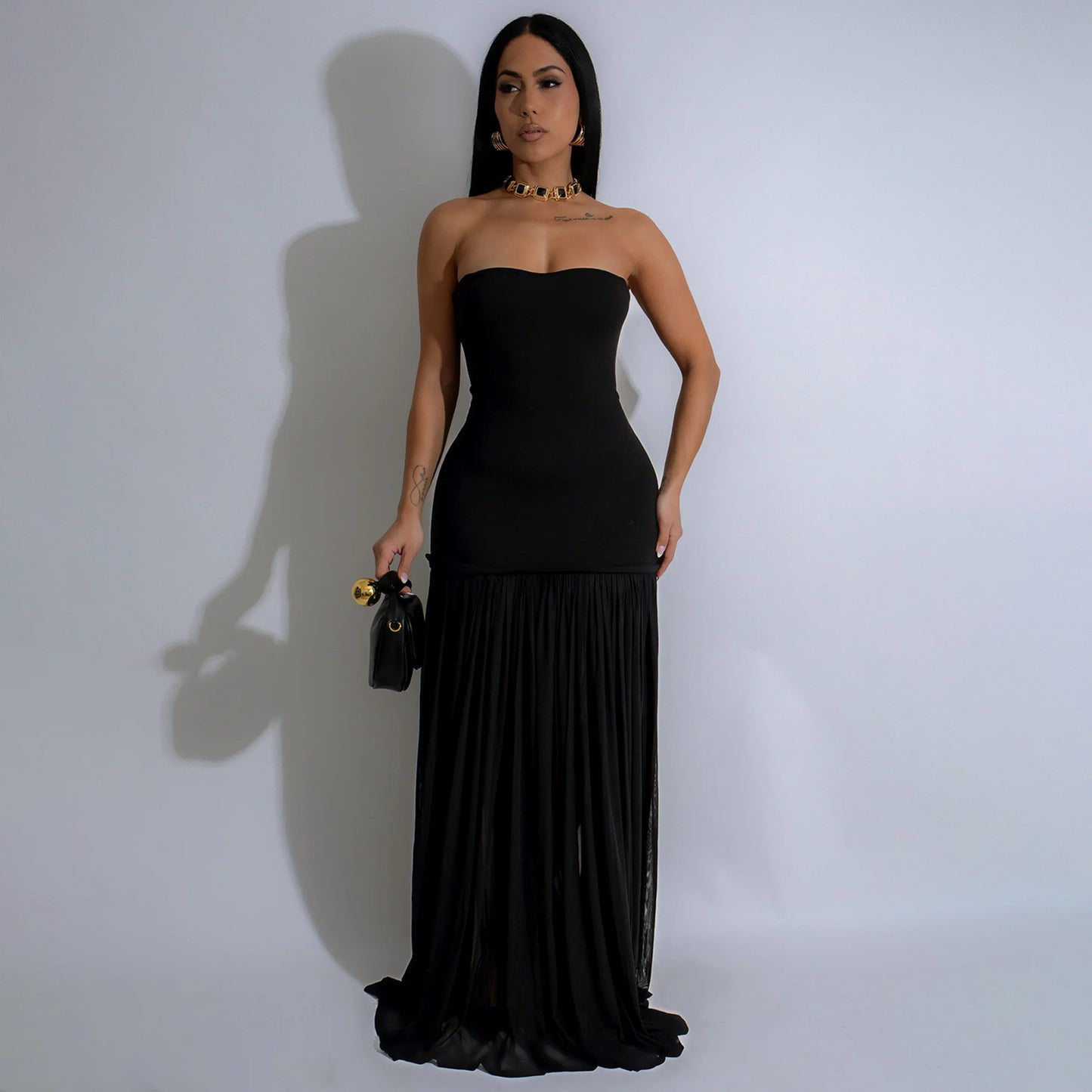 MYF (S-2XL) 20148 backless dress mesh stitching tube top dress