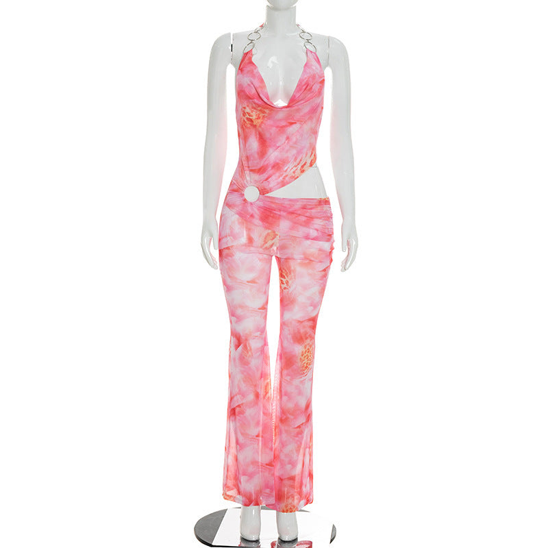 DZHT Q26JP042 summer metal halter pink tone printed backless wear jumpsuit