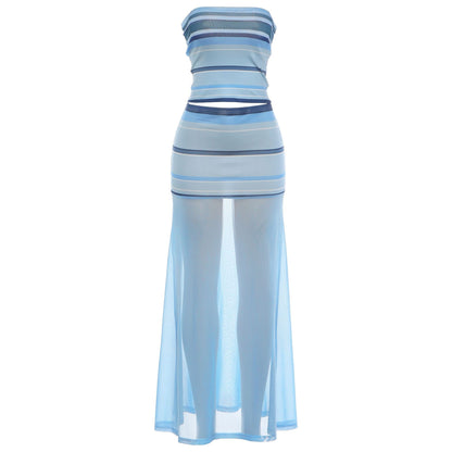 SXR K6S04260A striped tube top vest mesh semi see-through long skirt suit