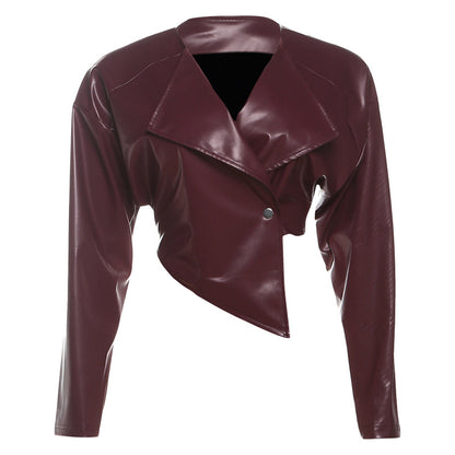 SXR summer fashion waist-controlled navel PU leather solid color casual jacket