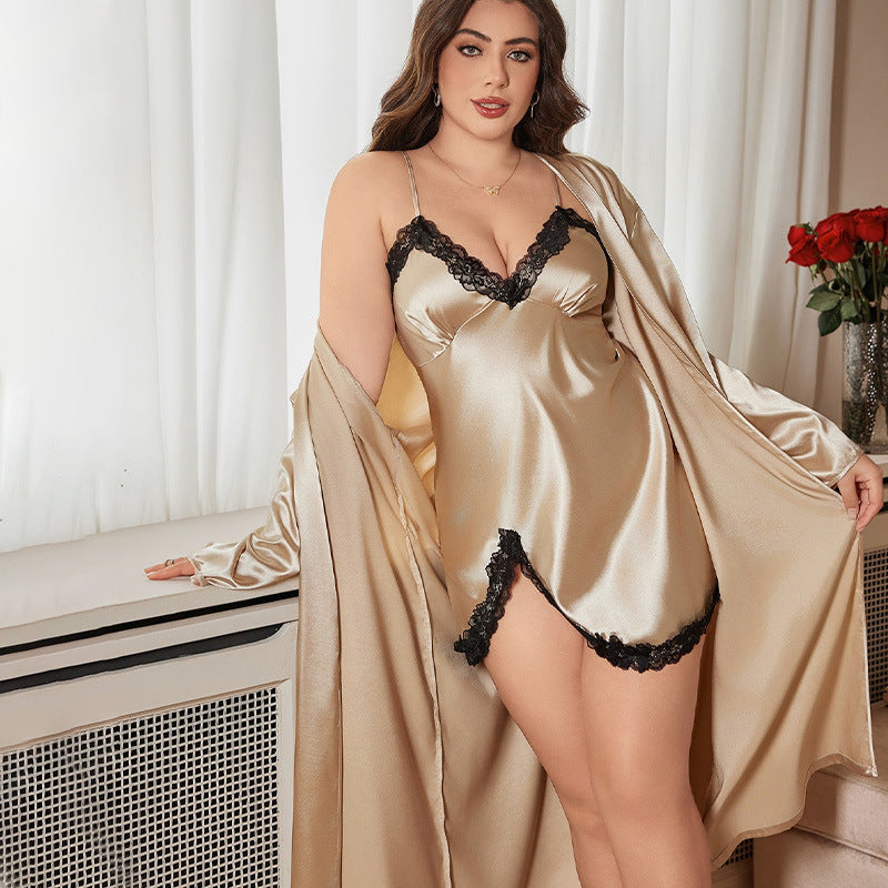 DNL spring ice silk silk pajamas plus size artificial silk camisole outerwear gown